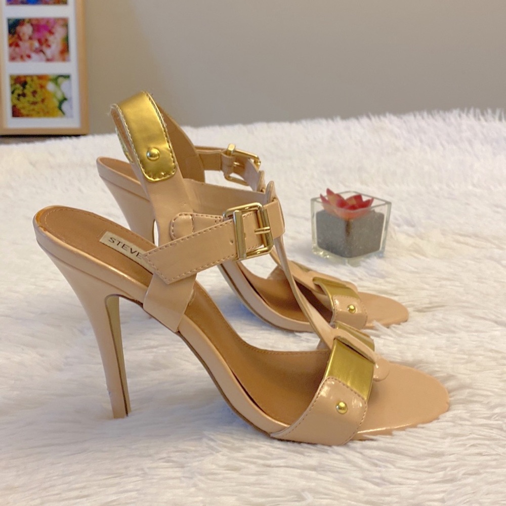 Steve Madden | Reya T-Strap Gold Nude heel women size 8 - Picture 2 of 9